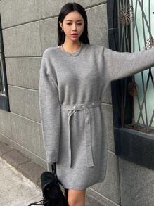 Dazy Star Drop Shoulder Belted Sweater Dress,Fall Women Clothes - Grey - View 7