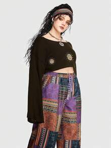ROMWE Hippie Plus Size Short Knit Sweater With Sun Printed, Flare Sleeve - Brown - View 5