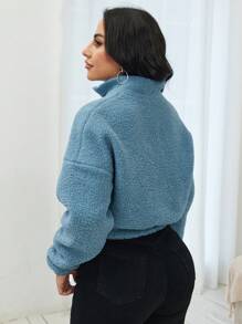 SHEIN LUNE Sudadera corta de franela con cremallera media y hombros caídos para otoño - Neblina azul - Ver 2