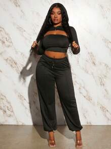 Slaydiva Cut Out Super Crop Hoodie & Leggings - Black - View 1