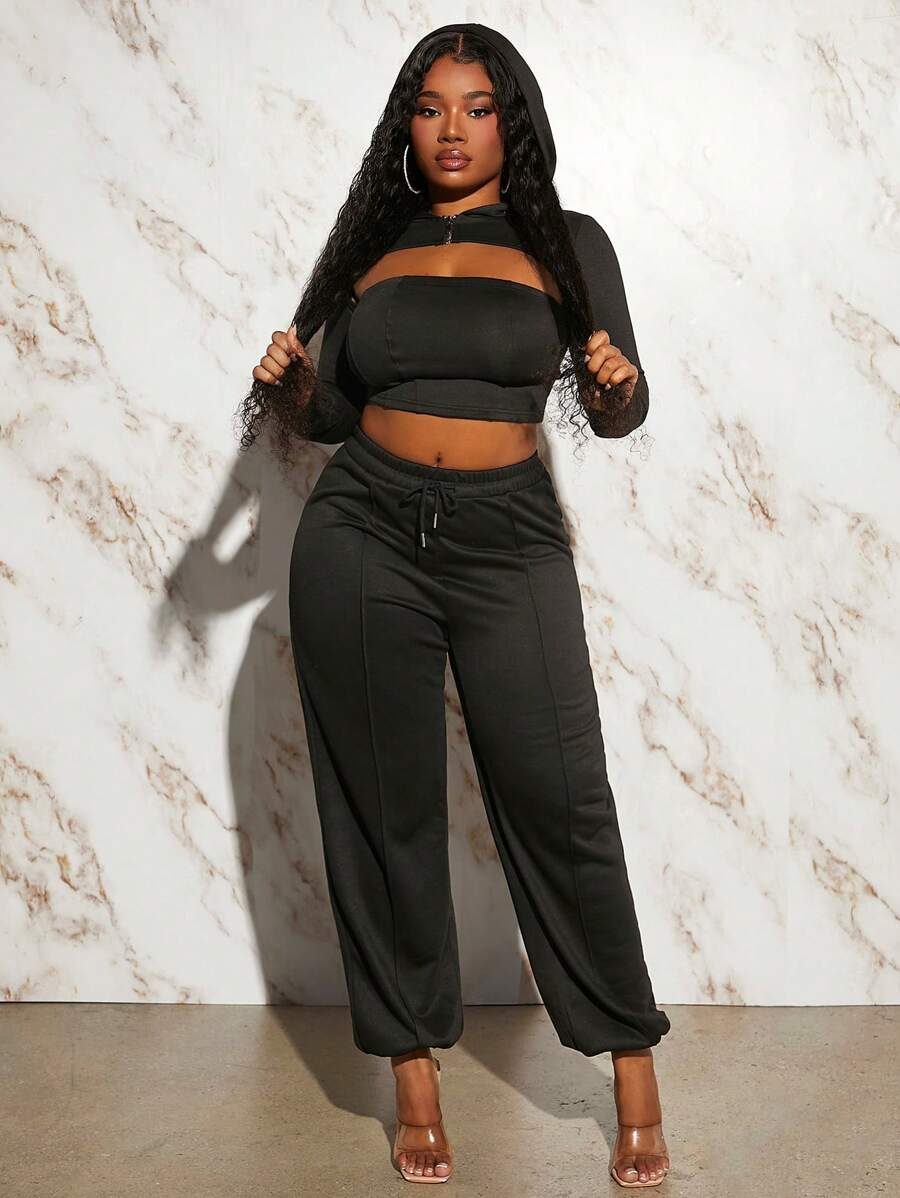 Slaydiva Cut Out Super Crop Hoodie & Leggings - Black - View 1