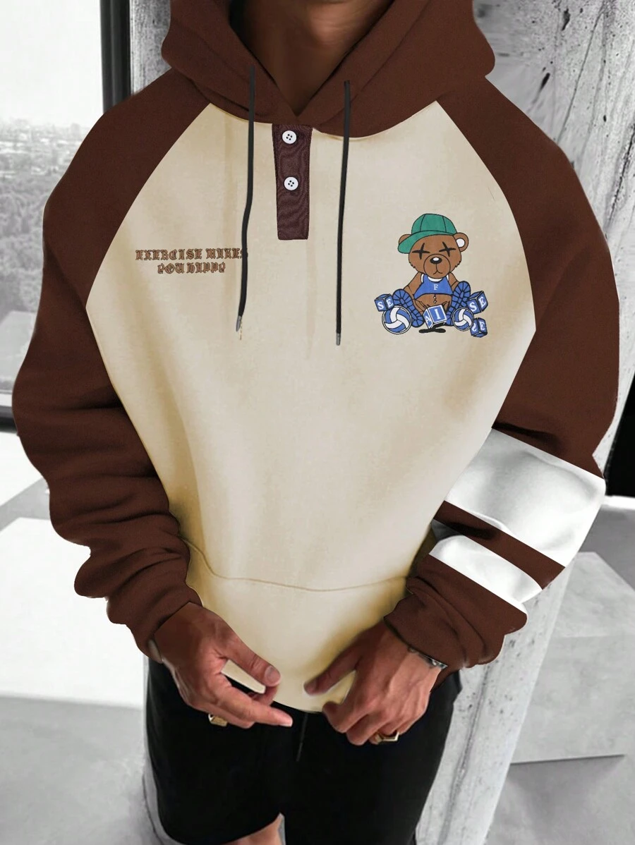 Manfinity Hypemode 男士漫畫字母印花彩塊拉幫袖連帽衛衣，配有束口帶 - 杏色 - 查看 1