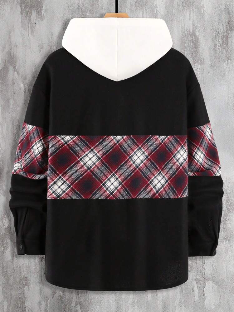 Loose Fit Men's Plaid Patterned Overcoat With Patched Pockets And Drop Shoulders