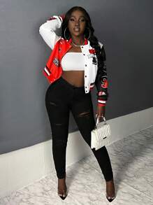 Slaydiva Text & Color Blocking Baseball Jacket In Fall/Winter - Multicolor - View 6