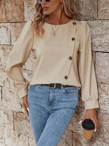 SHEIN LUNE Enfärgat Knappdetalj Puff Ärm Blusar - Aprikos - Visa 5