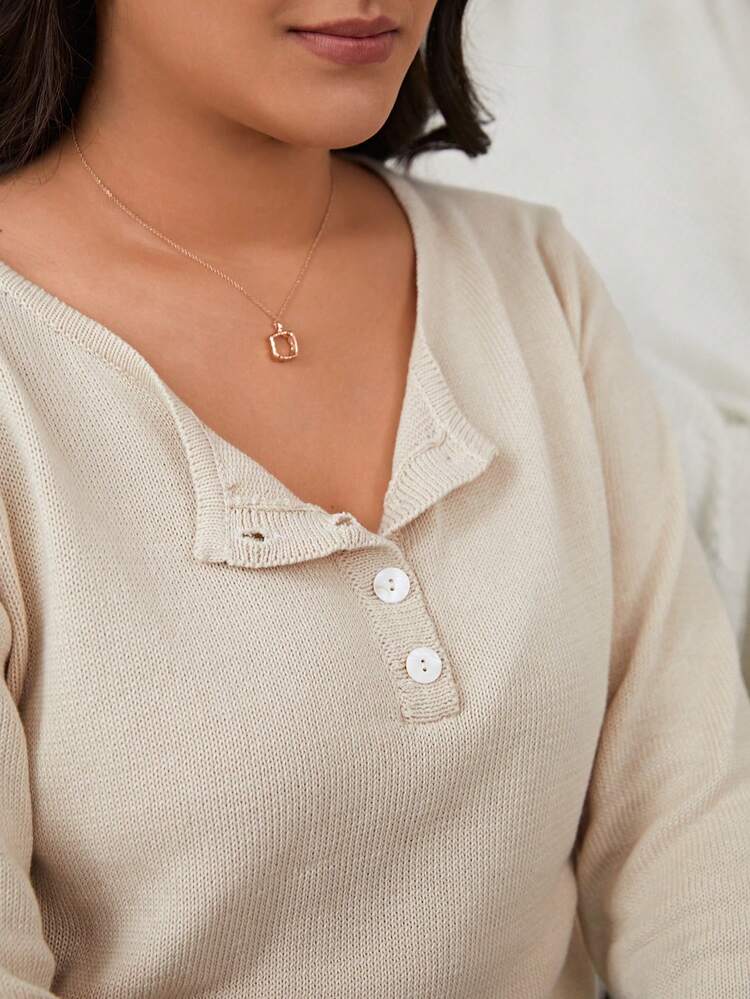 Plus Size Solid Color Button Half Placket Sweater