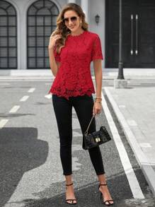 SHEIN Clasi Guipure Lace Mock Neck Blouse - Red - View 2