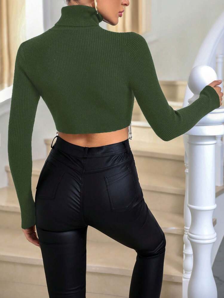 Rhinestone Fringe Hem Turtle Neck Crop Knit Pullover Fall Winter Sweater