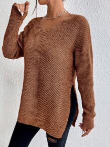 SHEIN Frenchy Drop Shoulder Split Hem Sweater - Mocha Brown - View 6