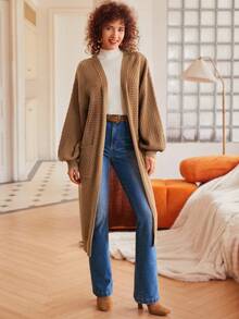 SHEIN Frenchy Women's Lantern Sleeve Cardigan - Khaki - View 6