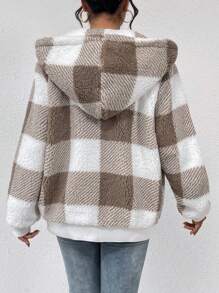 SHEIN Frenchy Plaid Teddy Fleece Hooded Jacket - Multicolor - View 2