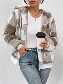 SHEIN Frenchy Plaid Teddy Fleece Hooded Jacket - Multicolor - View 3