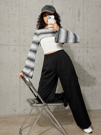 SHEIN Teen Girls' Knitted Ribbed Top With Cami Top And Pocketed Pants Three-Piece Set