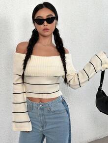 SHEIN Unity 条纹露肩短款针织套头衫秋冬毛衣 - 彩色 - 查看 6