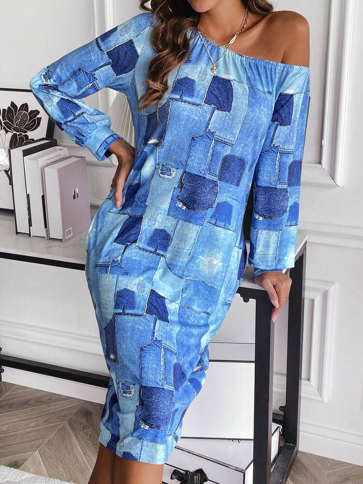 Patchwork Print Asymmetrical Shoulder Hidden Pocket Dress Maxi Women Outfit