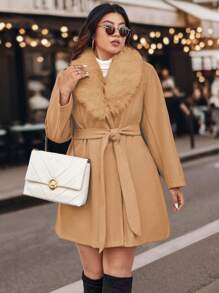 Celure Talla grande Abrigo de peluche cuello con cinturón - Caqui - Ver 1