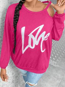 SHEIN LUNE Plus Letter Graphic Asymmetrical Neck Drop Shoulder Sweatshirt - Hot Pink - View 4