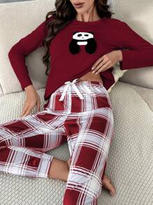 Gấu trúc Đã vá Áo thun & In kẻ sọc Quần Bộ PJ - Màu Đỏ Sâu - Xem 1