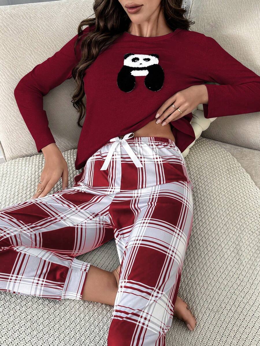 Gấu trúc Đã vá Áo thun & In kẻ sọc Quần Bộ PJ - Màu Đỏ Sâu - Xem 1