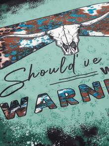 SHEIN LUNE Plus Bull Head & Slogan Graphic Drawstring Hoodie - Multicolor - View 3