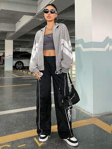SHEIN EZwear 鋸齒形印花抽繩連帽夾克 - 灰色 - 查看 7