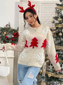 SHEIN Unity Christmas Tree & Snowflake Pattern Drop Shoulder Knit Pullover Fall Winter Sweater - Beige - View 4