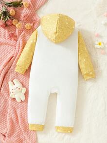 SHEIN 嬰兒女童休閒可愛卡通印花連帽連身衣,適用於家居穿著