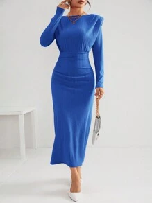 SHEIN Privé 素色肩膀條紋針織緊身洋裝 - 藍色 - 查看 5