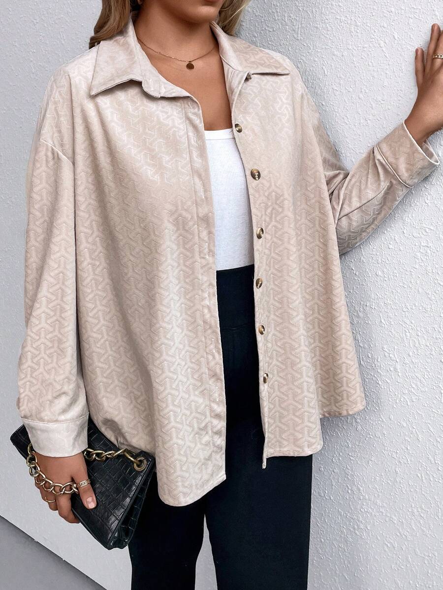 SHEIN LUNE 大碼提花落肩袖襯衫 - 杏色 - 查看 1