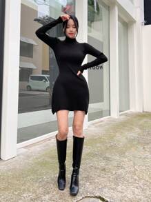 Dazy Star Chất rắn Cổ cao Đồ đan Ribbed Đầm Áo len - màu đen - Xem 6