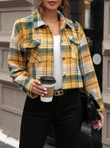 SHEIN LUNE Plaid Print Drop Shoulder Flap Pocket Jacket Fall Cloth For Women - Multicolor - View 5