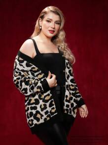 Marilyn Monroe X SHEIN Plus Leopard and Figure Pattern Button Front Cardigan - Multicolor - View 4