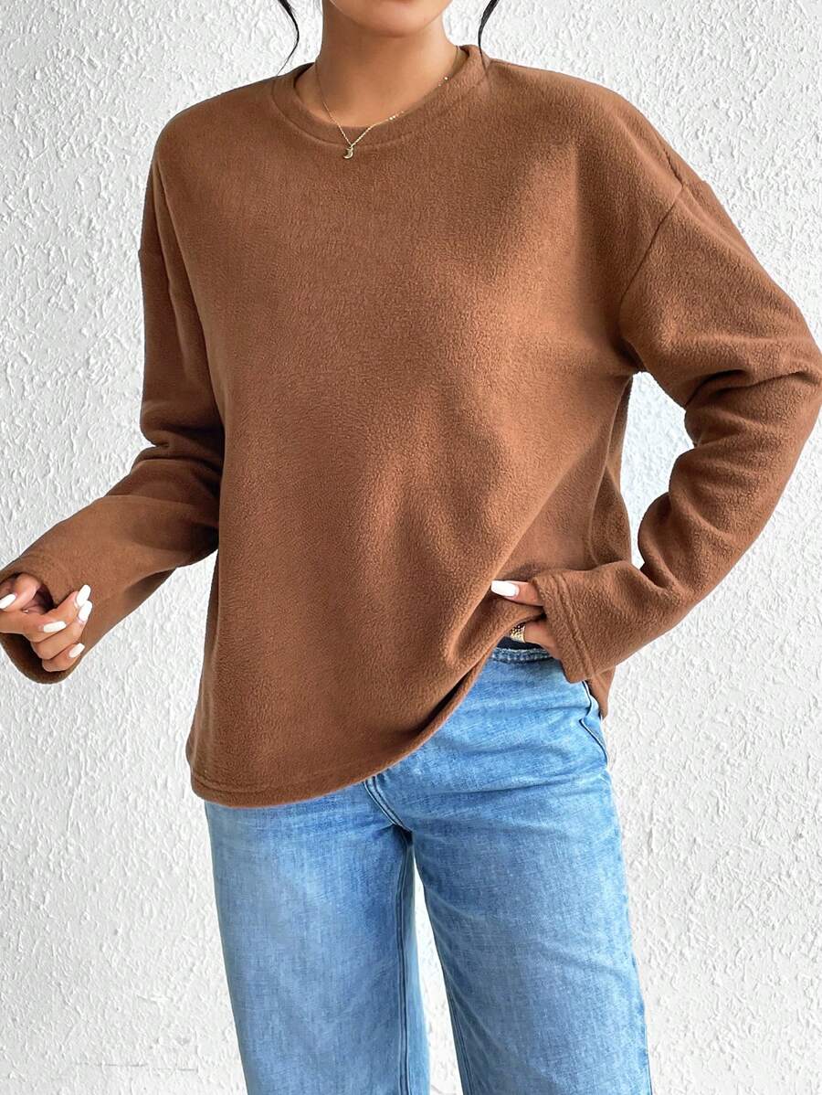 SHEIN Essnce 女款抓絨長袖落肩 T 卹 - 棕色 - 查看 1