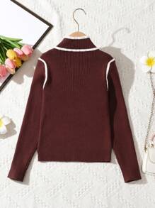SHEIN Tween Girl Contrast Binding Mock Neck Sweater - Coffee Brown - View 2