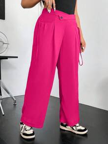 Flirla Hơn Eo không đối xứng Xếp nếp Quần ống rộng - Màu Hồng Tươi - Xem 4