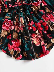Plus Floral Print Drawstring Waist Curved Hem Coat - Black - View 8
