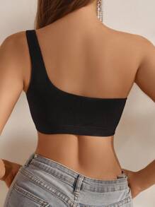 Women's Black Knitted High Stretch Casual Sporty Backless One Shoulder Crop Top Bralette - Black - View 2