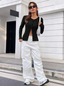 SHEIN Unity Chất rắn Nút phía trước Áo thun - màu đen - Xem 4