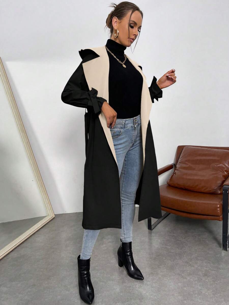 SHEIN Essnce Hai âm Knot Cuff Thắt lưng Áo khoác Trench - màu đen - Xem 1