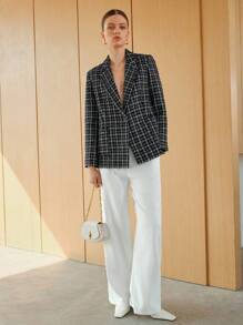 Anewsta Hoa văn kẻ sọc Cổ áo Nút đơn Tweed Áo vest - Xanh đậm - Xem 3