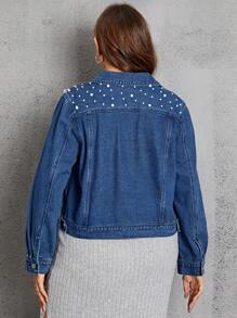 SHEIN LUNE Plus Pearls Beaded Flap Pocket Denim Jacket - Dark Wash - View 2