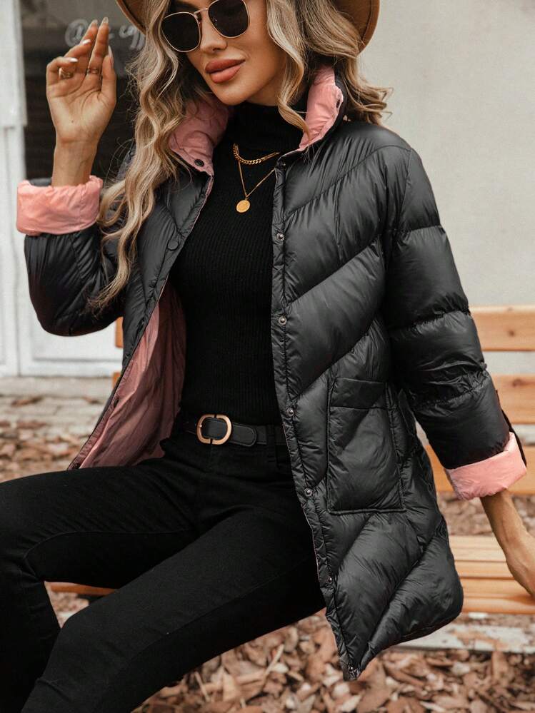 SHEIN LUNE 女式拼接口袋单排扣夹棉大衣 - 黑色 - 查看 4