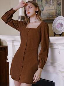 Sweetra Cổ vuông Nút Thông qua Vải to sợi Đầm - Cà phê - Xem 4