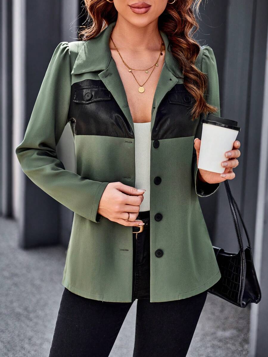 SHEIN Unity Contrast PU Leather Button Front Puff Sleeve Coat - Army Green - View 1