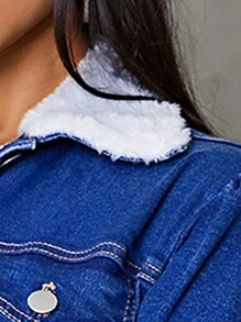 SHEIN Privé Borg Collar Flap Pocket Ruffle Hem Denim Jacket