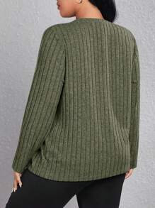 SHEIN EZwear 字母拼接细节罗纹针织 T 恤 - 軍綠色 - 查看 3