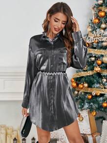 SHEIN Essnce 純色單排扣襯衫連身裙 - 深灰色 - 查看 3