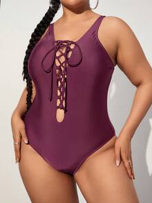 SHEIN Swim Curve Plus Size Solid Color Bandeau One-Piece Swimsuit, For Summer Beach Vacation - Red Violet - View 4
