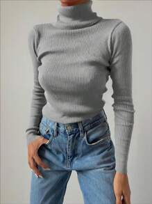 SHEIN Cottnline High Neck Ribbed Knit Sweater - Light Grey - View 3