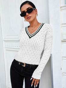 RueChic Pull À Ourlet À Rayures En Tricot Torsadé Épaule tombante